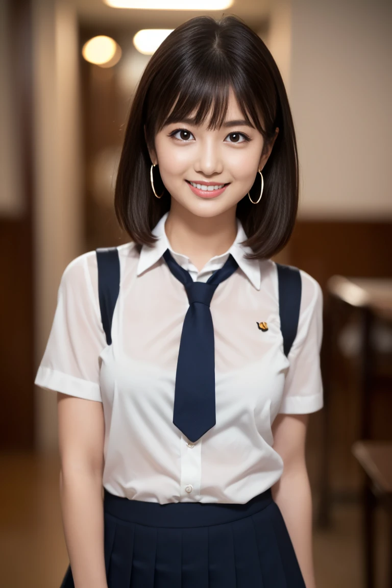 (masterpiece)、(Highest quality:1.5)、(Photorealistic:1.2)、(Surreal), (High resolution), (Realistic), (Post-processing),(Sharp focus), Sharp focus:1.2,Backlight, (Improvement of quality:1.4), (Narrow waist)、((Perfectly detailed five-fingered hands)),(Anatomically correct body)、((1 female:1.4))、Japanese、Realistic Skin、(Small chest:1.4)、Bust size is A cup、Pretty woman with perfect figure:1.4,(from the front:1.5), (Enhances the beauty of skin texture:1.1),No makeup、美しいBlack Hair、smile、Natural color lip、(Small Mouth:1.4)、The mouth is not open、Thick lips、(Oval Face)、Even bangs、Hide eyebrows with bangs、((33-year-old woman))、Bob Hair、Hair blowing in the wind, (Black Hair, Iris, Watery eyes, Shining Eyes, Bob cut hair, Small earrings,), Hair behind the ear、No makeup、(Drooping eyes)、(((One lovely woman)),((優しい大きなsmile)),(( Small breasts,Small breastsの谷間)),((((Plump Cheeks)))),very cute,(),Raccoon face、 ((Dark interior with eye-catching neon lights、No window、Alcohol is displayed、Dark Room:1))(Photorealistic)、((Full Body Shot))(((I can see up to my ankles)))((Schoolgirl uniform、Medium Hair:1.4))、((Looking at the audience、smile))、((Unpack the box、Loose tie))