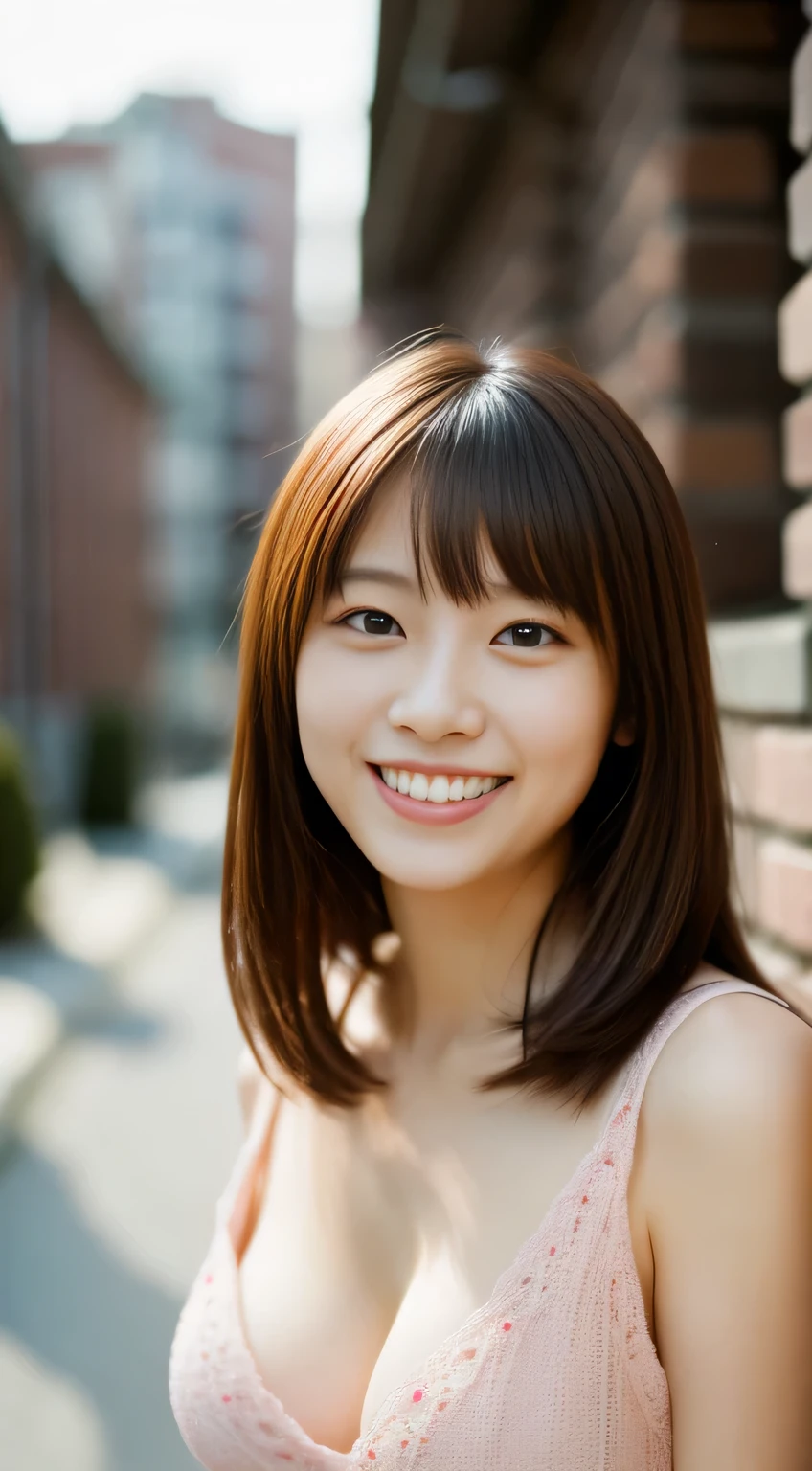 masterpiece,best quality,(Japanese ),((Beautiful girl)),cleavage,(perfect body beauty:1.2),(shy smile),beautiful teeth,(Blurred background of brick buildings),