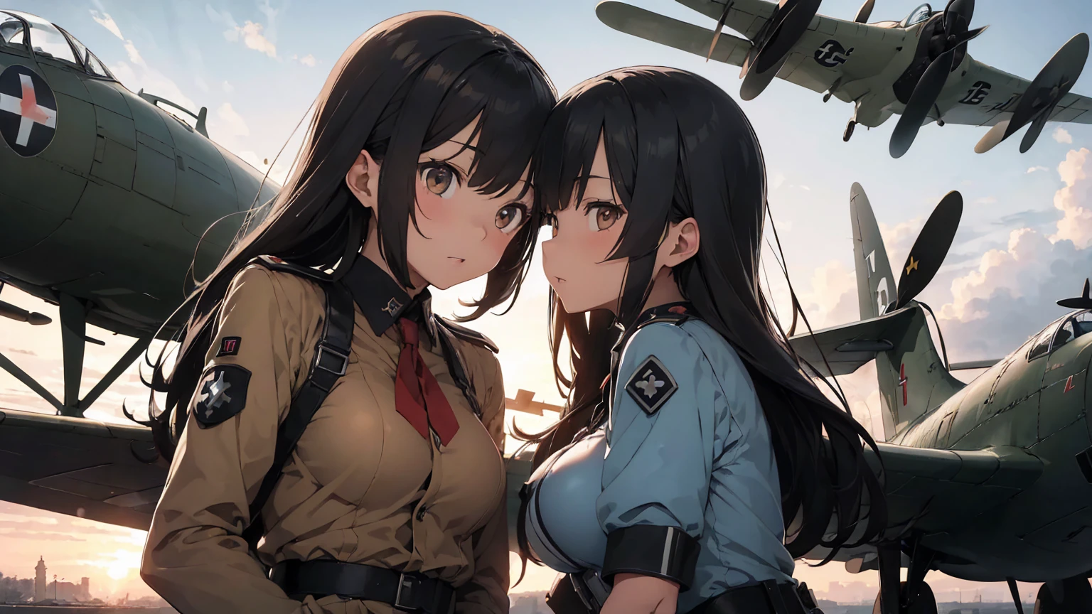 Gestapo uniform, female lesbian kawaii sisters kissing with Heinkel He 111 airplane in background. wearing Luftwaffe pilot uniforms. 8k. masterpiece. best quality. best artwork. lingerie. Swastika insignia red armband. busty bare breasts. nipples. sunset. snowing