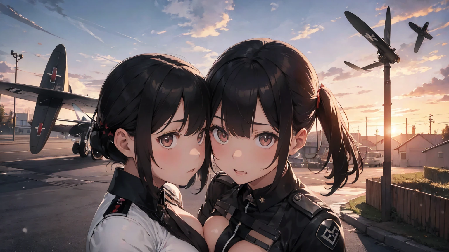 Gestapo uniform, female lesbian kawaii sisters kissing passionately with T-54 military tank. wearing Luftwaffe uniforms. 8k. masterpiece. best quality. best artwork. lingerie. Swastika insignia red armband. busty bare breasts. nipples. sunset. rain storm
