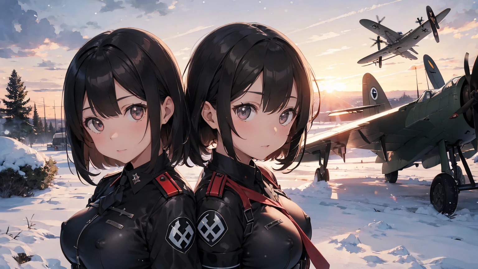  Gestapo uniform, female lesbian  kawaii sisters kissing with Heinkel He 111 airplane in background. wearing Luftwaffe pilot uniforms. 8k. masterpiece. best quality. best artwork. lingerie. Swastika insignia red armband. busty bare breasts. nipples.  sunset. snowing