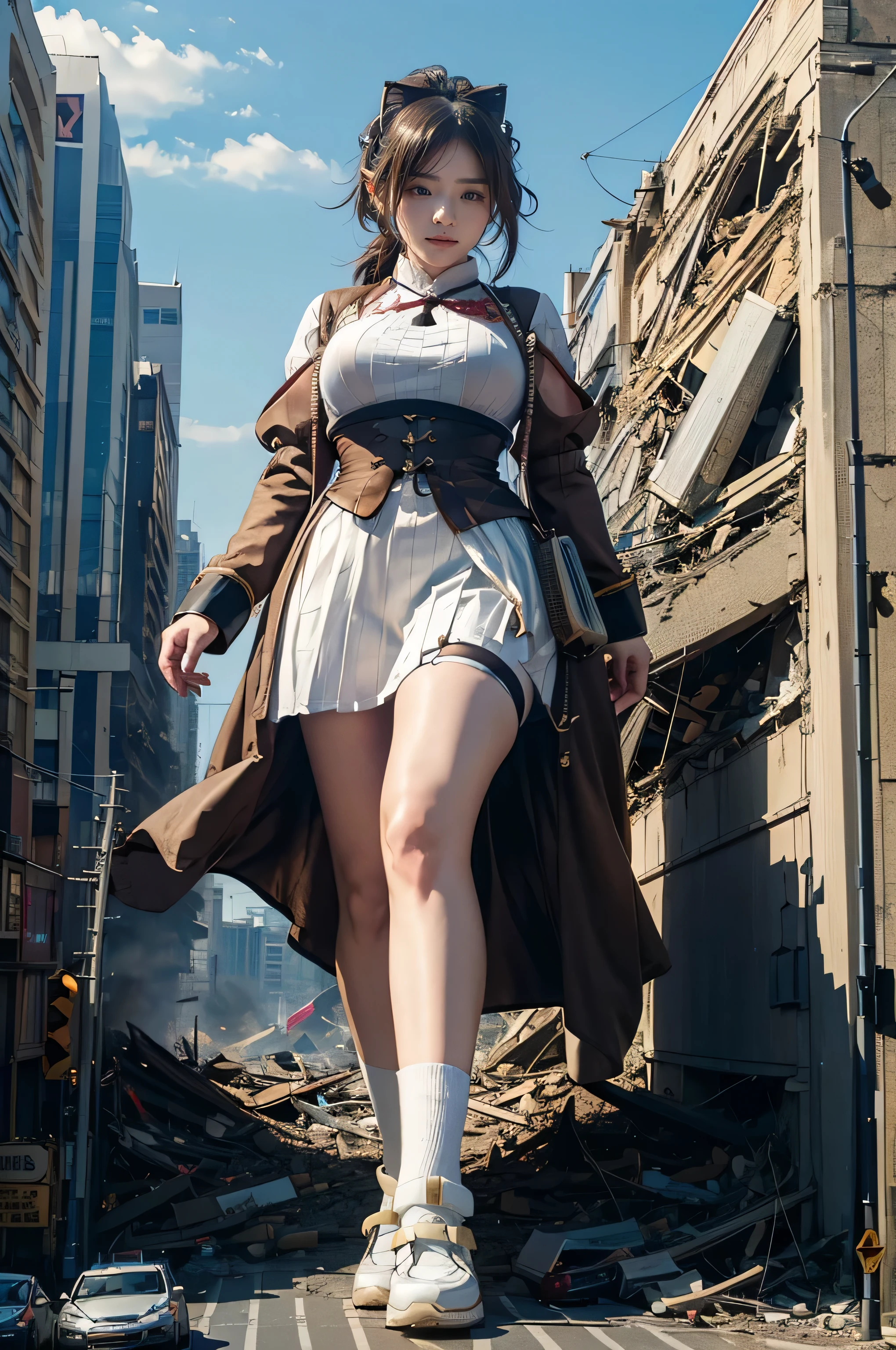 looking at the camera、steampunk、Standing on top of a ruined building、Big building explosion、The building collapses、Urban hustle and bustle、Traffic jam、City of Rubble、street tree、Car and bus、truck、taxi、City boulevard、Pedestrian bridge、Streetcar route((((Azur Lane Cheshire Cosplay))))、Frilled maid outfit、((Super huge breasts))、((Plump thighs))、Ground View,City of Giants,500 foot tall giant girl,skyscraper,Has super long legs,Step into the crowd,There are many people on the street,Knee-high socks,A happy look,Standing on the ruins,Beautiful appearance,Exquisite makeup,quality,8K,高quality,Perfect Proportions, Cinema Lighting,Film Grain,The Colors of Fuji,8K,Textured skin,Super Detail,High detail,high quality,High resolution,explode,False Smile、Reaching out