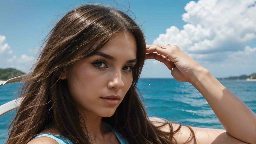 a woman with long hair in wind, in the style of pop inspo, hyper-realistic water, animated gifs, mario testino, close up, soft and dreamy, sky-blue and brown --ar 71:128 --stylize 750 --v 6