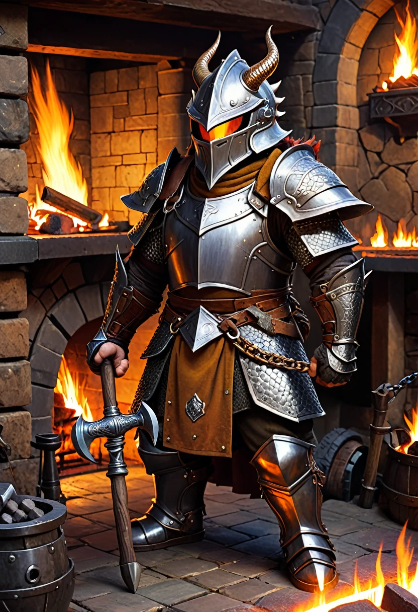 dwarf with heavy chain armor. he is holding a hammer. he is standing in a forge with a fireplace. a dragon-helmet layes on a nerby table