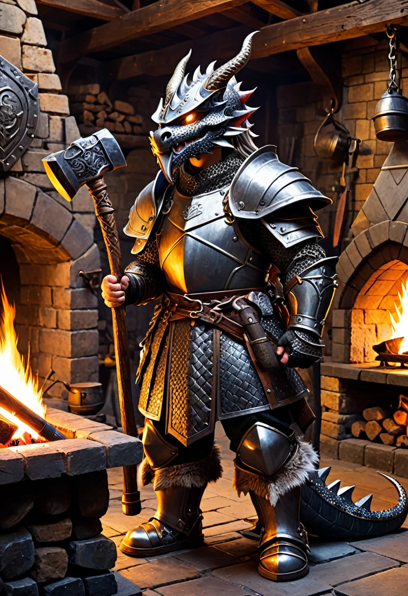 dwarf with heavy chain armor. he is holding a hammer. he is standing in a forge with a fireplace. a dragon-helmet layes on a nerby table
