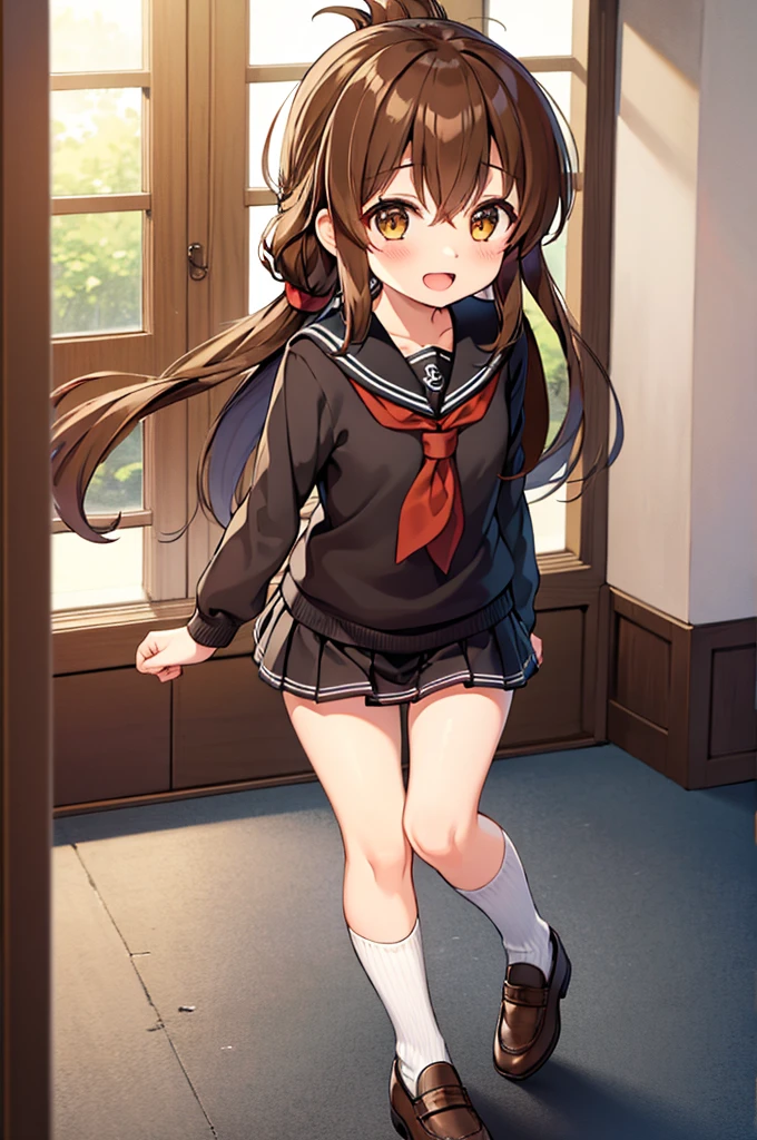 long hair, looking at viewer, blush, smile, open mouth, bangs, multiple girls, skirt, brown hair, shirt, long sleeves, 2girls, hair between eyes, brown eyes, , braid, :d, sidelocks, pleated skirt, shoes, serafuku, socks, indoors, black skirt, sailor collar, neckerchief, kneehighs, window, brown footwear, curtains, black socks, loafers, carrying, red neckerchief, black sailor collar, folded ponytail, wooden floor, princess carry, inazuma \(kancolle\)