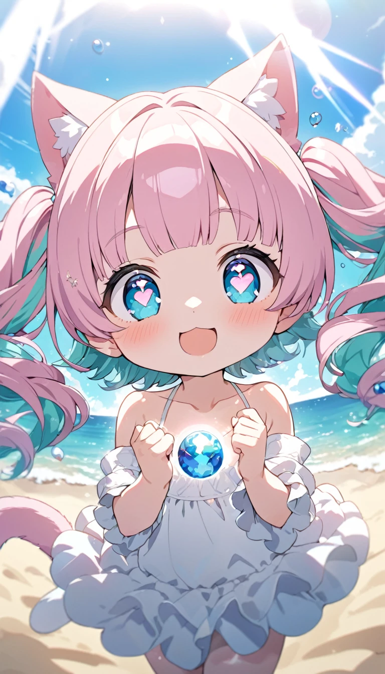 masterpiece, best quality, ultra detailed, exquisite, Full-HD, 16K, absurdres, , kemono, delightful, smiling, jumping, looking at viewer, twintail, medium hair, blunt bangs, wavy hair, shiny hair, pink hair, aqua hair, streaked hair, colored inner hair, pink eyes, blue eyes, odd eyes, with irises, with star-shaped irises, with heart-shaped irises, with diamond-shaped irises, with sparkling eyes, big eyes, droopy eyes, heterochromia, wide-eyed, with heart-shaped eyes, with heart-shaped pupils, pale skin, fair skin, shiny skin, detailed skin, tiny, , short, slim, bikini, smaller face, with cat ears, cat tail, cute face, baby face, 10-year-old, on the beach, blue sky and shining lights, kawaii, cute, anime, cel anime, 2d anime, chibi, chibi anime, upper body, on right, front view, dynamic angle, wide view, wide shot, golden ratio, framing composition, sunlight, best light, in focus with blurred background