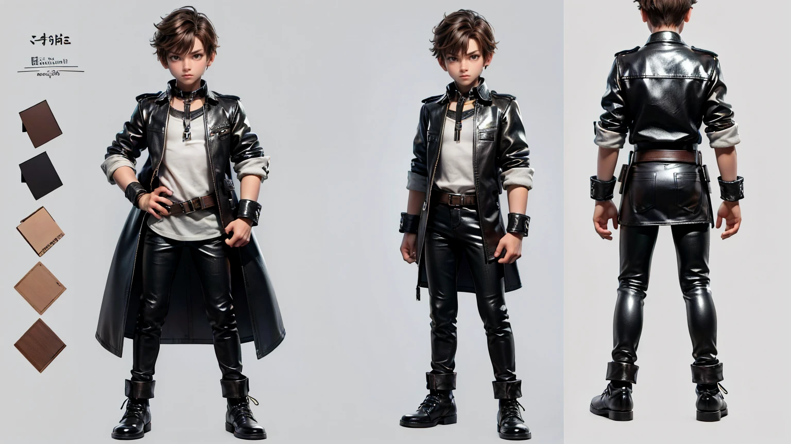 cute face boy, wearing leather pent and shirt,  full standing pose, short brown hairs, Character Sheet, 12 yo student, Full body, Simple white background, character reference sheet, Concept art, design sheet