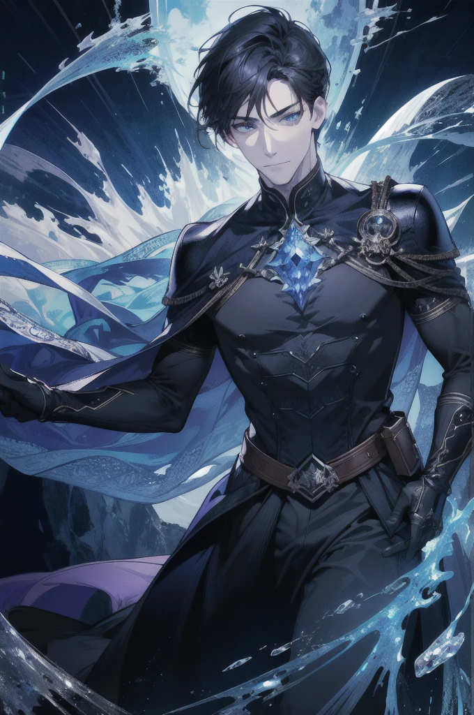 (Absurd, High resolution, Super detailed), 1 male, Adult, good looking, Tall and muscular man, Broad shoulders, Detailed drawn eyes, Dark Hair, Fantasy, Complex patterns, Detailed face, Throne, Magical Effects, The optimal ratio is four fingers to one thumb, ice, intense cold, Cold wave, smile, (Dutch Angle), Mouth closed