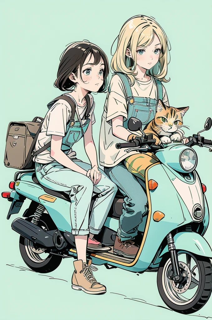 A beautiful anime-style illustration. A brown striped cat is sleeping on the seat of a pale blue scooter. A blonde woman is crouching next to the scooter, gazing at the cat. The woman is wearing a green off-the-shoulder top, denim shorts and brown boots. The background is pale blue, giving the illustration a simple and clean feel. The overall color scheme is soft, creating a warm atmosphere.