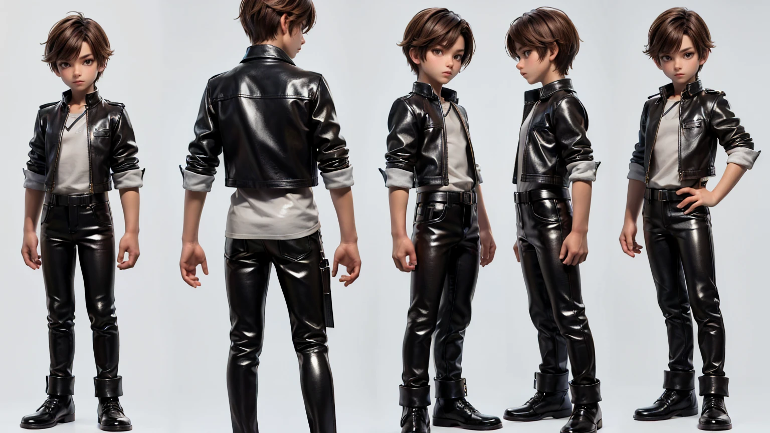 cute face boy, wearing leather pent and shirt, full standing pose, short brown hairs, Character Sheet, 12 yo student, Full body, Simple white background, character reference sheet, Concept art, design sheet