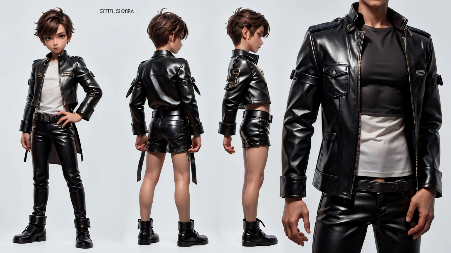 cute face boy, wearing leather pent and shirt, full standing pose, short brown hairs, Character Sheet, 12 yo student, Full body, Simple white background, character reference sheet, Concept art, design sheet