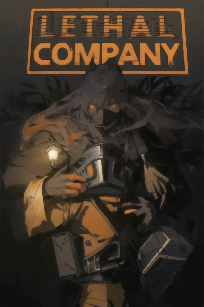 affiche de film "LETHAL COMPAGNY" en haut centré de couleur orange; 2 personnages, un au premier plan en combinaison orange avec un masque à gaz tenant une lampe et un bocal dans ses mains dans le style du jeu lethal compagny ; en second plan à l'arriere du premier personnage un monstre de type "Bracken" un monstre totalement noir avec des yeux blancs du jeu lethal compagny se trouve derrière ses mains proche du cou du personnage en premier plan, l'éclairage et minime on aperçois a peine le bracken