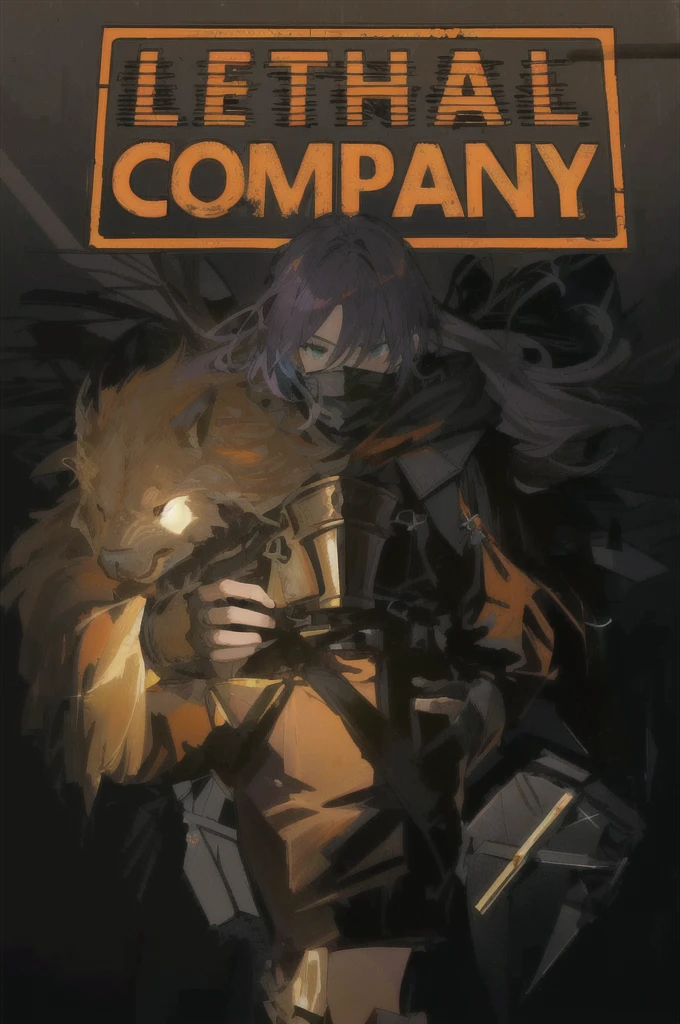 affiche de film "LETHAL COMPAGNY" en haut centré de couleur orange; 2 personnages, un au premier plan en combinaison orange t avec un masque à gaz tenant une lampe et un bocal dans ses mains dans le style du jeu lethal compagny ; en second plan à l'arriere du premier personnage un monstre de type "Bracken" du jeu lethal compagny se trouve derrière ses mains proche du cou du personnage en premier plan, l'éclairage et minime on aperçois a peine le bracken