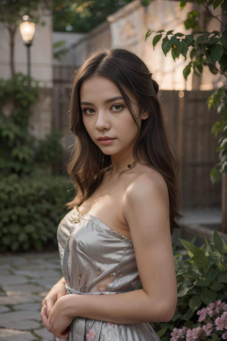 (young woman: 1.5), Lace, Ribbon, Hanfu, (masterpiece, side light, sensitive and Nice gray eyes: 1.2), masterpiece, realisti, glowing eyes, shiny hair, DARK hair, Long hair, shiny skin, alone, Unpleasant, strapless, sensitive, Nice, garden, Floral, Fluttering petals,