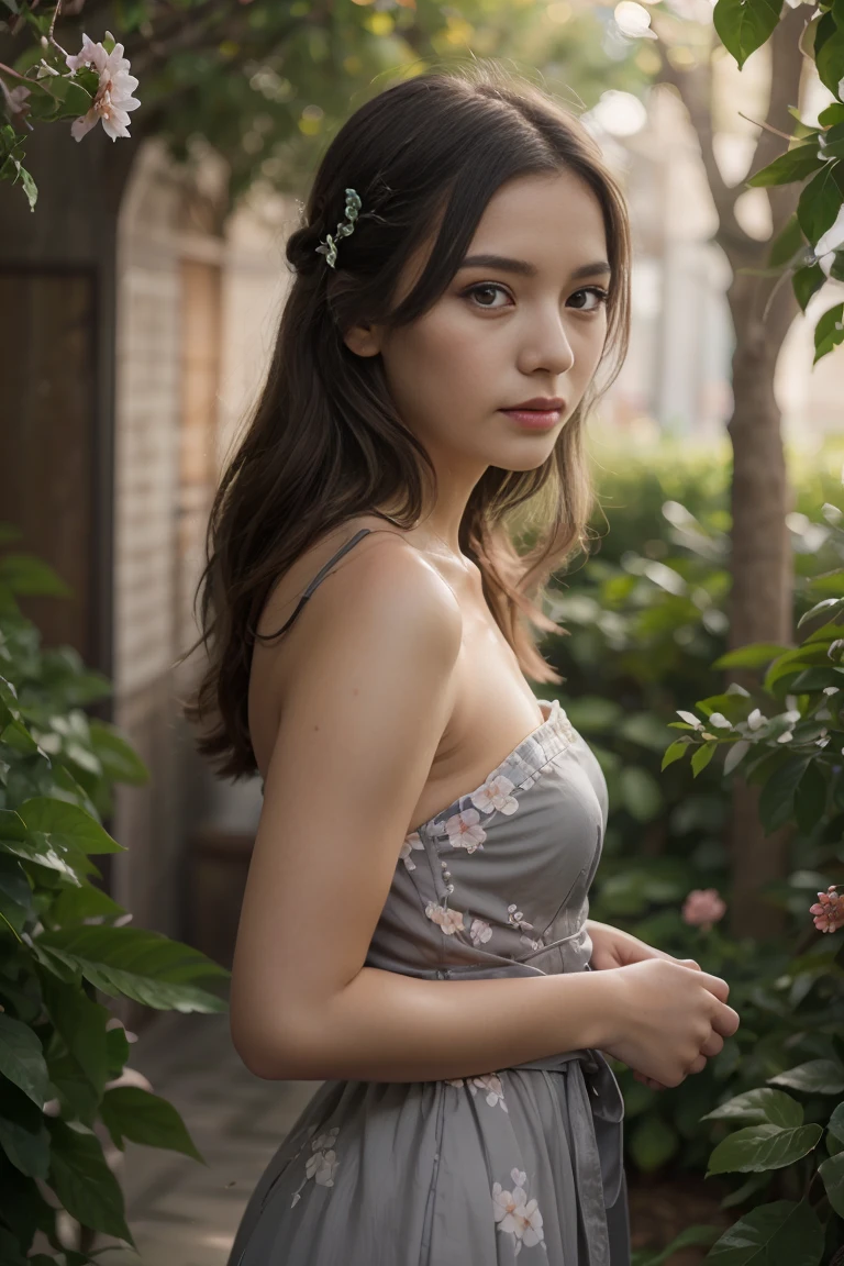 (young woman: 1.5), Lace, Ribbon, Hanfu, (masterpiece, side light, sensitive and Nice gray eyes: 1.2), masterpiece, realisti, glowing eyes, shiny hair, DARK hair, Long hair, shiny skin, alone, Unpleasant, strapless, sensitive, Nice, garden, Floral, Fluttering petals,
