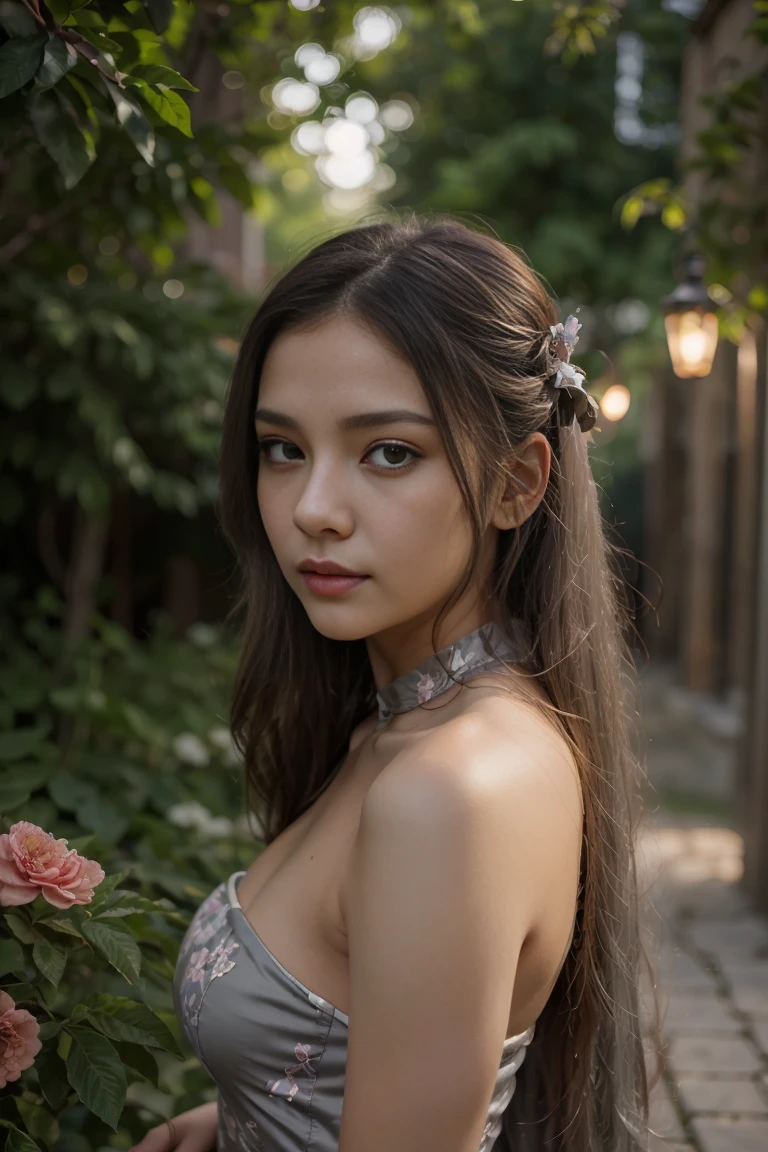 (young woman: 1.5), Lace, Ribbon, Hanfu, (masterpiece, side light, sensitive and Nice gray eyes: 1.2), masterpiece, realisti, glowing eyes, shiny hair, DARK hair, Long hair, shiny skin, alone, Unpleasant, strapless, sensitive, Nice, garden, Floral, Fluttering petals,