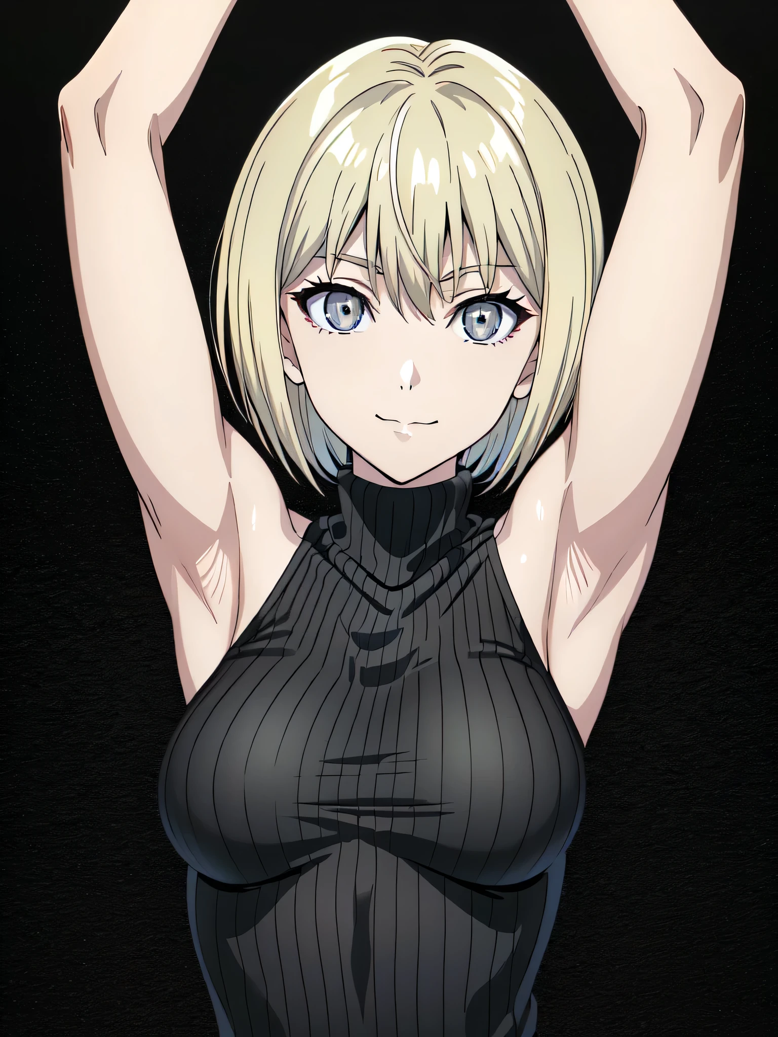 clare, (grey eyes:1.3), blonde hair, sweater, ribbed sweater, ribbed, turtleneck, (black sweater:1.1), sleeveless sweater, sleeveless, bare shoulders, bare arms, 1girl, solo, anime screencap, frontlighting, (simple background, black background, dark background:1.3), masterpiece, absurdres, hdr, soft light, best quality, detailed, highres, shiny skin, shiny hair, (looking at viewer, eye contact with viewer:1.5), light smile, (closed mouth:1.2), arms up, raised arms, armpits, in the center, symmetrical, upright,