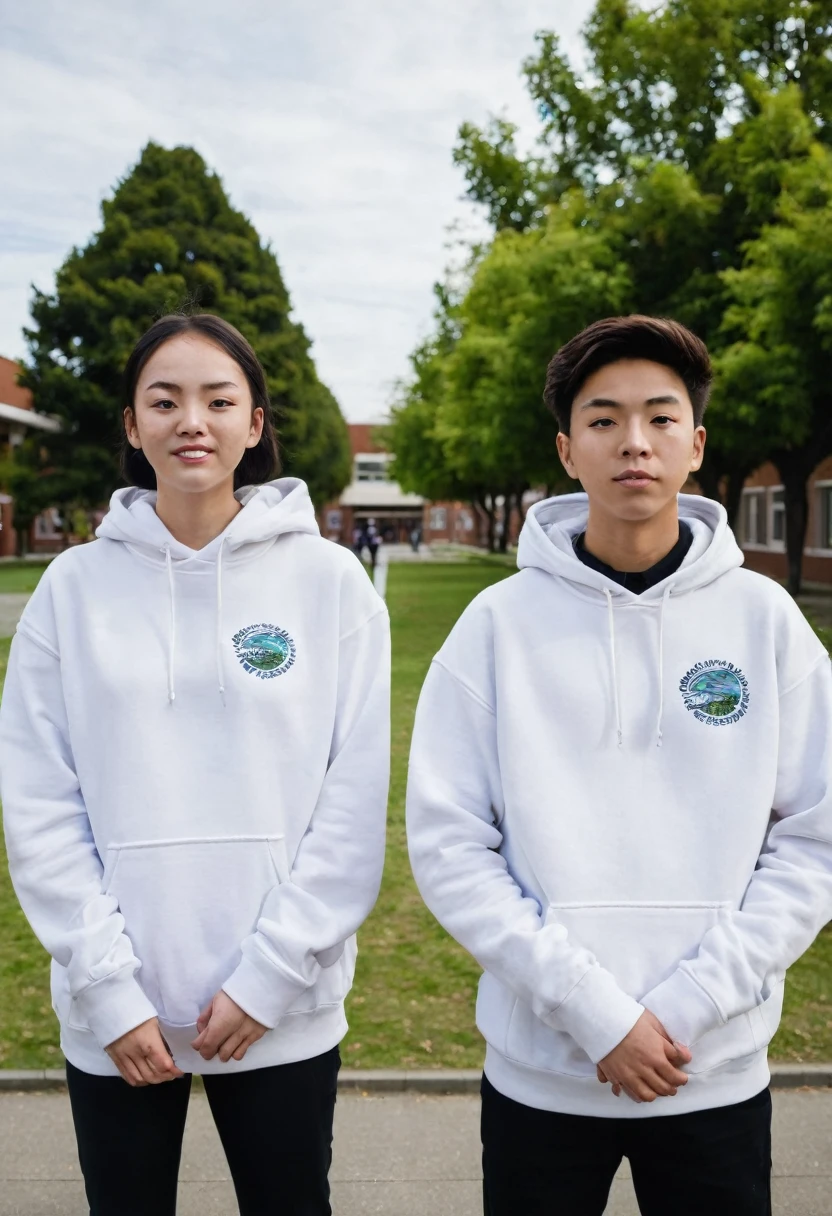 Two people wearing white hoodies and standing in a schoolyard. One person stands facing the camera and shows his face, while the other person stands with his back to the camera. In the background you can see a typical high school. The schoolyard is lively with trees and a sporty atmosphere, which reflects everyday life in a high school. Both people stand out clearly from the background with their white hoodies. The sky is clear and the scene is kept in a realistic style.
