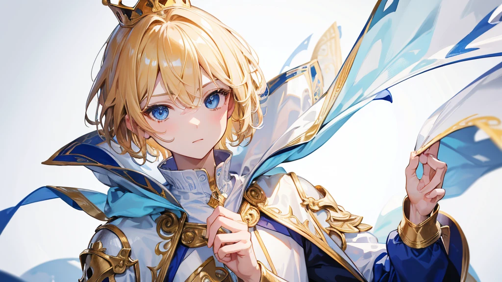 (Highest quality) (4K) (8k) (High resolution) (masterpiece:1.2) (Super detailed) One boy short hair Wizard Blue Eyes Long sleeve Golden decoration Hair between the eyes White Dress Wavy golden hair Upper Body crown ((White Background)) cute Young Serious