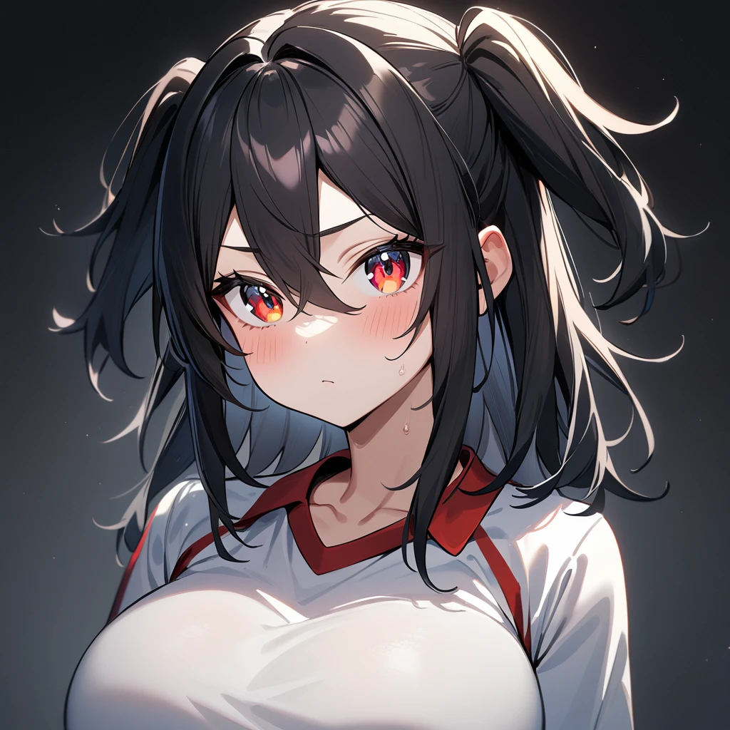 1 girl,Androgynous,two side up,big breast,black hair,red eyes,medium hair,sidelocks,Multicolored eyes,upper body,breasts focus,Gym Uniformgym shirt,masterpiece, best quality, very aesthetic, absurdres,cute