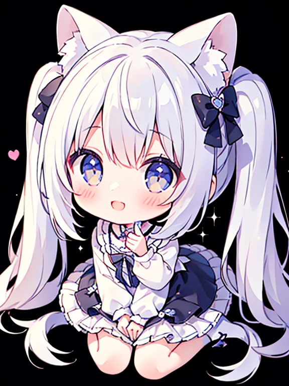 masterpiece, Highest quality, Highest Resolution、One Girl、from above, Looking up、full body、pastel colour、Gothic Lolita、Making a Heart with Fingers、Cute Dresses、Sparkling eyes、A smile that will captivate you、White background、Very long twin tails、Girl sitting、Looking at me、