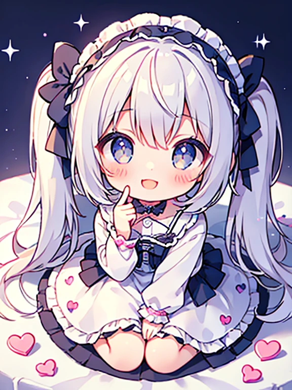 masterpiece, Highest quality, Highest Resolution、One Girl、from above, Looking up、full body、pastel colour、Gothic ****ta、Making a Heart with Fingers、Cute Dresses、Sparkling eyes、A smile that will captivate you、White background、Very long twin tails、Girl sitting、Looking at me、