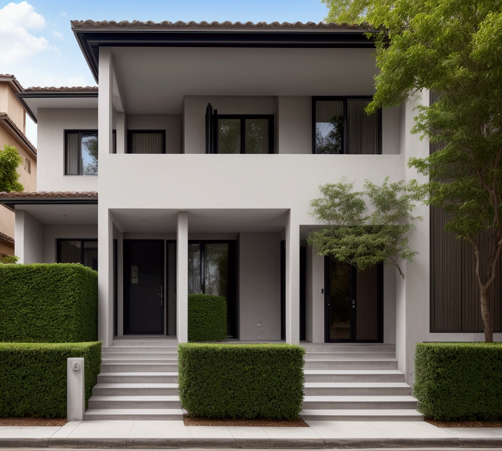 CRU photo,work of art, high qualiy, best qualityer, authentic, super detaill, plein-air, (((front-facing))), villa seen from the front, vista front-facing, single storey villaXL, aiai group, modern house style on the street, front house, visão front-facing, entrada com gramdo, elegant and minimalist facade, pavement, gram, Trees, sky, nube, (Day Light:1.1)