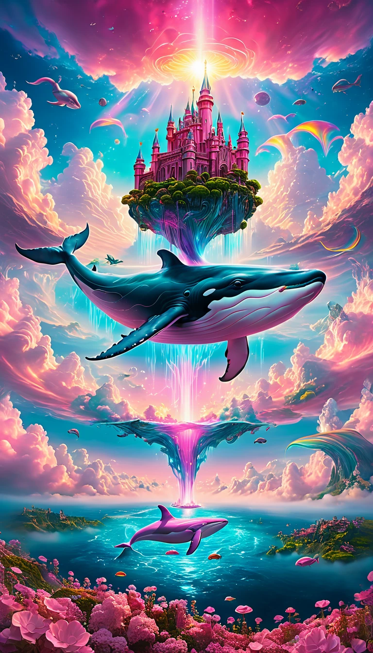 (a Dream Castle on the back of  a pink majestic whale) floating above the clouds of sky, dream castle, pink majestic whale,(best quality,4k,8k,highres,masterpiece:1.2),ultra-detailed, ethereal, dreamlike, surreal, with a touch of magic, vibrant colors, soft and delicate, blending seamlessly into the clouds, with a serene and tranquil expression, surrounded by a mystical aura, glowing softly, reflecting the sunlight, creating a breathtaking scene
