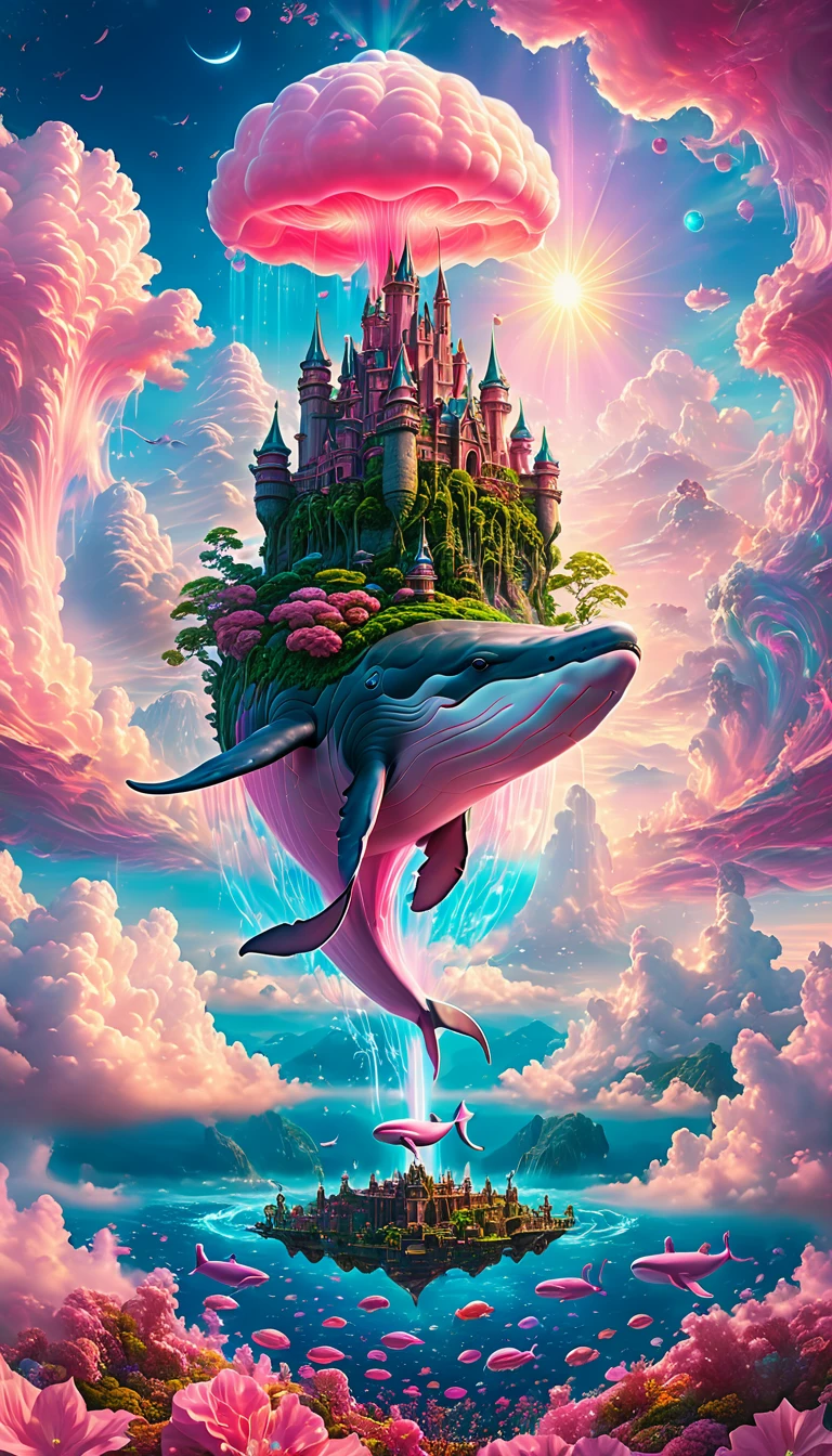 (a Dream Castle on the back of  a pink majestic whale) floating above the clouds of sky, dream castle, pink majestic whale,(best quality,4k,8k,highres,masterpiece:1.2),ultra-detailed, ethereal, dreamlike, surreal, with a touch of magic, vibrant colors, soft and delicate, blending seamlessly into the clouds, with a serene and tranquil expression, surrounded by a mystical aura, glowing softly, reflecting the sunlight, creating a breathtaking scene
