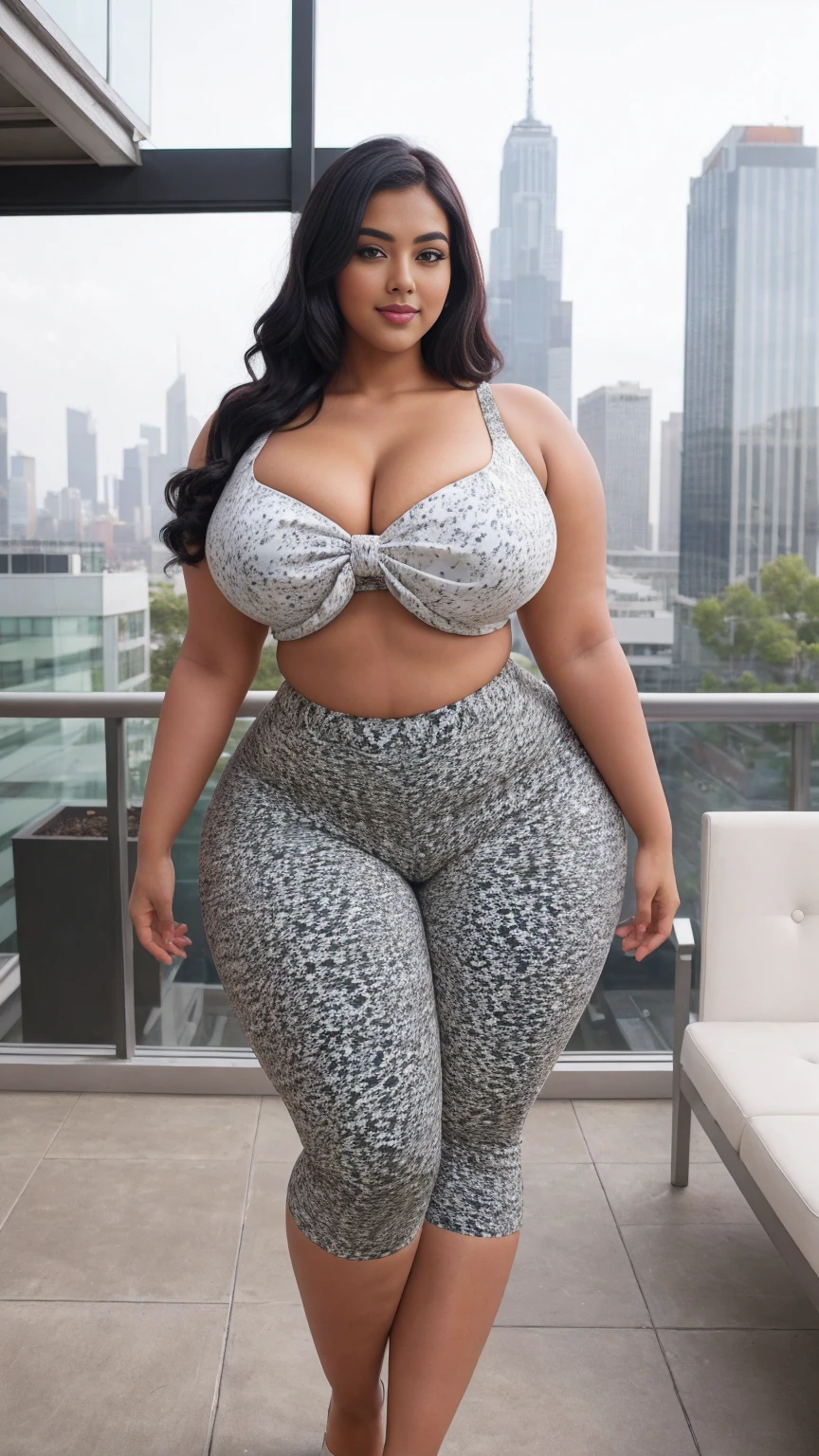 swastika mukharjee Indian beautiful woman curvy plus size hour glass bulky huge figure woman, closeup camera view, big huge m-cup breast, wearing SHEIN Young Girl Cartoon Graphic Bow Front Tee & Dalmatian Print Shorts Color: Apricot, covered Bust , elegant standing position, eye contact view, different style hairstyle, bright eyes, thin eyebrows, fair skin, blushing cheeks, prefect head to toe view, full body, ideal for high-fashion or editorial shoots, ultra realistic skin texture, head to toe view, full body shot, full body view, smile face, black hair, Indian face, perfect skin tone light, ultra realistic skin texture, bigger waist, busty, big hips, fleshy thighs, thick thighs, busty, full body view, Urban Rooftop Garden: Green oasis amidst skyscrapers.