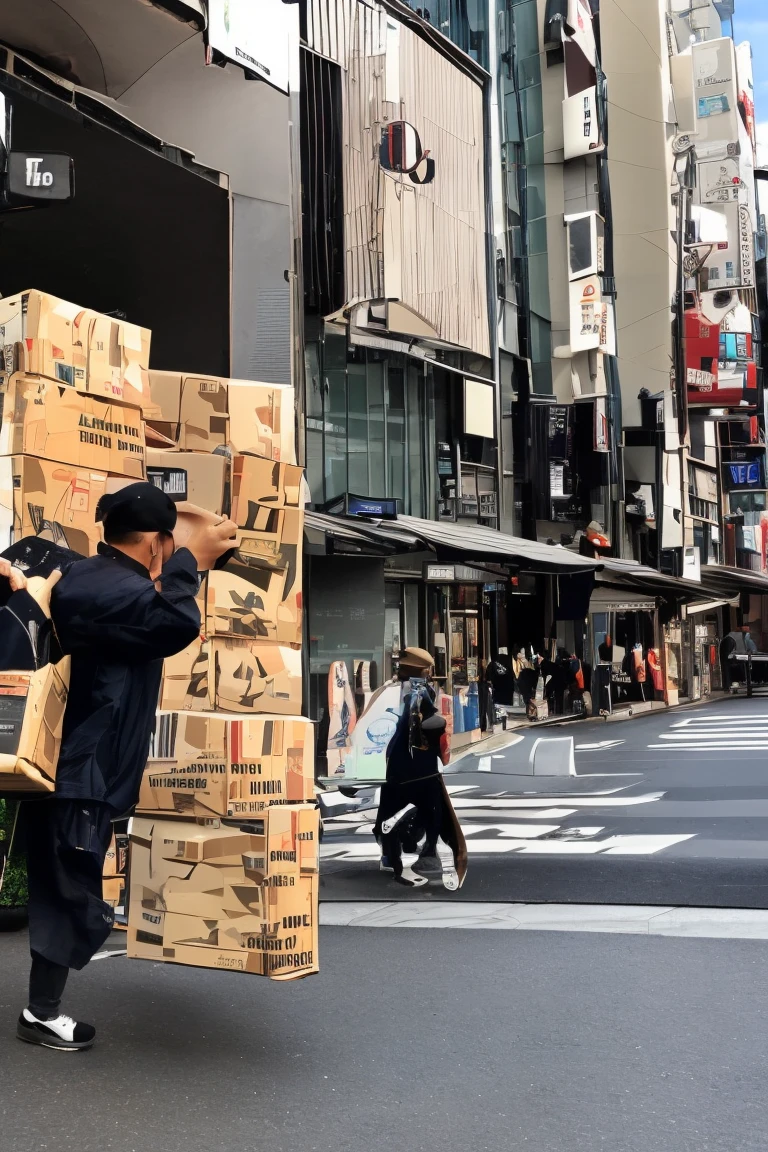 A delivery man is carrying a package、In town、Shibuya　24k highest quality、masterpiece