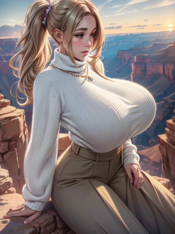 huge breast. excellent breast, masterpiece,ultra realistic,32k,extremely detailed CG unity 8k wallpaper, best quality, masterpiece,ultra realistic,32k,extremely detailed CG unity 8k wallpaper, best quality,(winter day ),lady ,necklace ,eardrop, Grand Canyon, United States, ( Orchid Pair a fitted turtleneck sweater with wide-leg pants and loafers. ) , Ash blonde hair pigtails ,