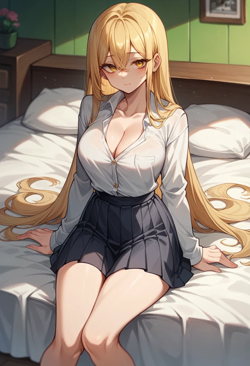 Minecraft Enderman Girl　Japanese　Golden silky straight hair　Wearing a shirt and a pleated skirt　The cleavage is visible　beautiful　Very tall　tall　Minecraft World　Sitting on the bed　Dark blonde　Black painted room　