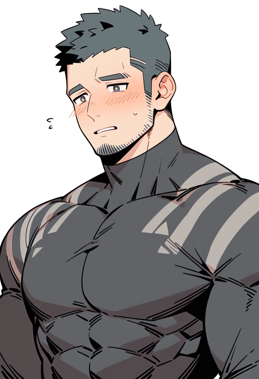 anime characters:Gyee Priapus, Muscle Sports Student, Buzz Cut, Manliness, male focus, Compression bodysuit, Yellow and black striped high collar long sleeve tight T-shirt, Very tight, Regular symmetrical pattern, full and perky chest muscles, muscular male, muscular, only, Upper body, alone, Red short hair, Thick eyebrows, stubble, Brown-red pupils, White background, simple background, amazing quality, best aesthetics, Ridiculous, crew cut, parted lips, flustered, endured face, shy, blush, negative space, best quality