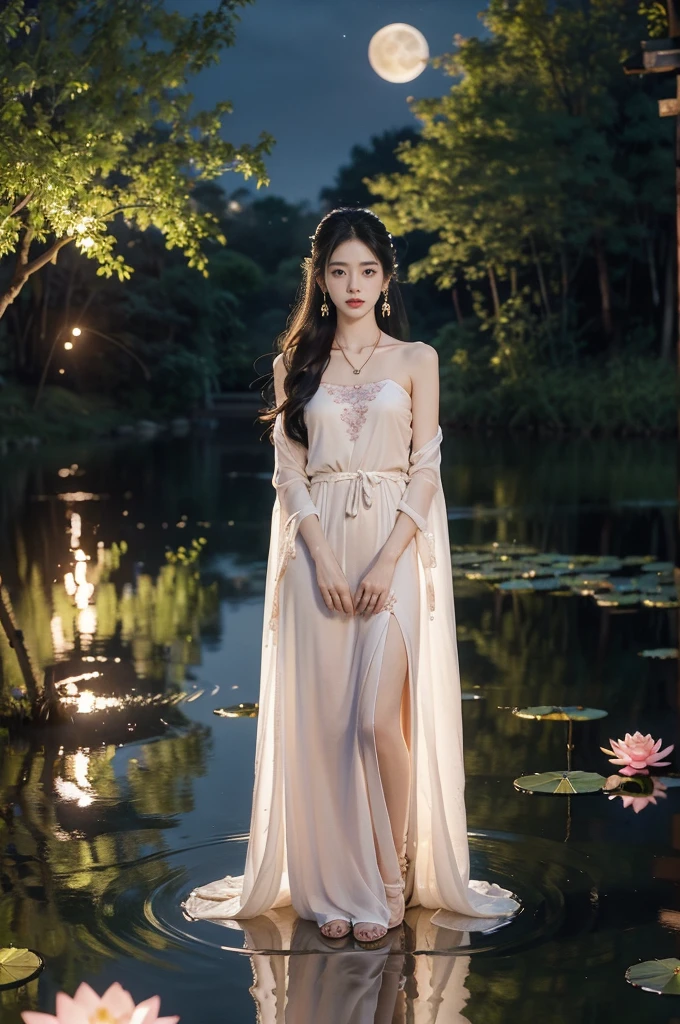 (((best quality))),(((ultra detailed))),(((masterpiece))),illustration,((1 beautiful young  girl,solo)),((slim,thin)),(shoulder length straight hair:1.2),((earrings,necklace)),((small breasts,flat chest)),(see through traditional pink sheer Hanfu dress:1.3),((slender legs,bare legs,loafers)),(beside the lotus pond full of lotus flowers:1.3), serene moonlight, ethereal,floral pattern, water movement, billowing fabric, tranquil, moon reflection, petals, fireflies, magical, light,warm light, dreams, invitation, (standing:1.3),(arms behind back:1.3),gazing, reflection, inner thoughts, emotional, sweet scent, natural beauty, solitude, hypnotic lull, eternal summer,(night scene:1.3), natural world, human spirit, celebration, backdrop, water, glow,((from front,full body))