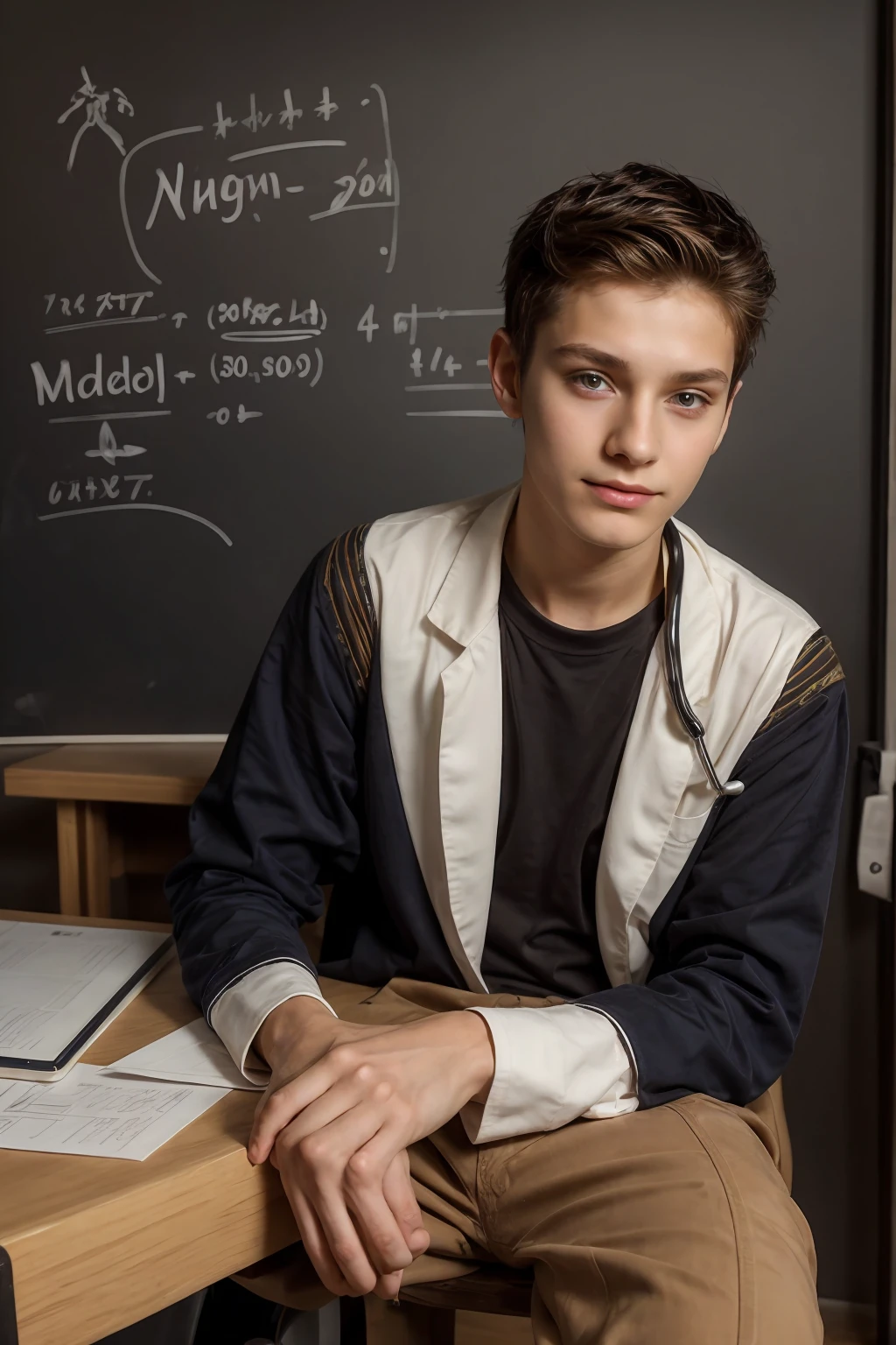 A young male twink, 19 years old, with a cute angel face, with makeup and black hair, wearing a luxurious, long-sleeved, white shirt and brown medieval pants. Behind him is a blackboard with a huge mathematics problem written on it, and he looks proudly as he sits at a desk with medical tools on it, and he has a face.  Innocent