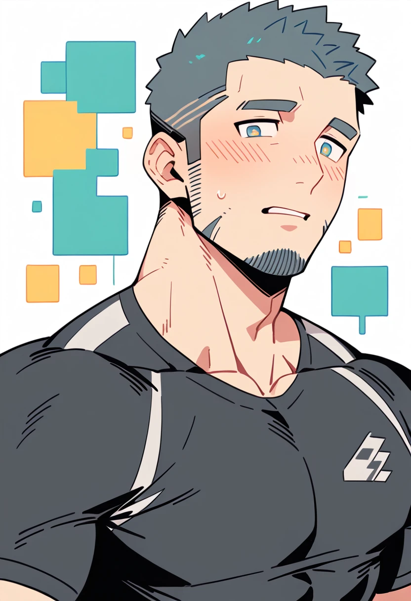 anime characters：Gyee Priapus, Muscle Sports Student, Buzz Cut, Manliness, male focus, Compression bodysuit, Yellow and black striped high collar long sleeve tight T-shirt, Very tight, Regular symmetrical pattern, full and perky chest muscles, muscular male, muscular, only, Upper body, alone, Red short hair, Thick eyebrows, stubble, Brown-red pupils, White background, simple background, amazing quality, best aesthetics, Ridiculous, crew cut, parted lips, flustered, endured face, shy, blush, negative space, best quality