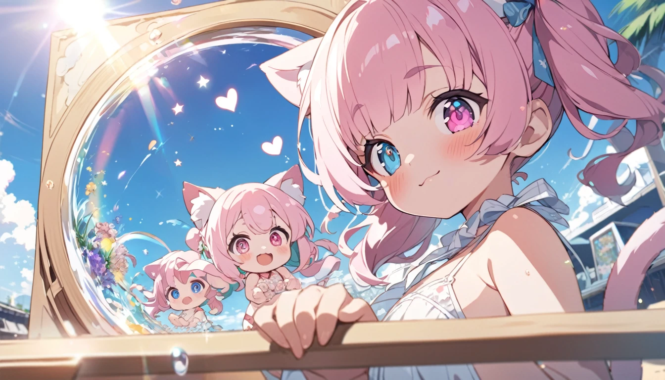 masterpiece, best quality, ultra detailed, exquisite, Full-HD, 16K, absurdres, , kemono, delightful, smiling, jumping, looking at viewer, twintail, medium hair, blunt bangs, wavy hair, shiny hair, pink hair, aqua hair, streaked hair, colored inner hair, pink eyes, blue eyes, odd eyes, with irises, with star-shaped irises, with heart-shaped irises, with diamond-shaped irises, with sparkling eyes, big eyes, droopy eyes, heterochromia, wide-eyed, with heart-shaped eyes, with heart-shaped pupils, pale skin, fair skin, shiny skin, detailed skin, tiny, , short, slim, bikini, smaller face, with cat ears, cat tail, cute face, baby face, 10-year-old, on the beach, blue sky and shining lights, kawaii, cute, anime, cel anime, 2d anime, chibi, chibi anime, upper body, on right, front view, dynamic angle, wide view, wide shot, golden ratio, framing composition, sunlight, best light, in focus with blurred background