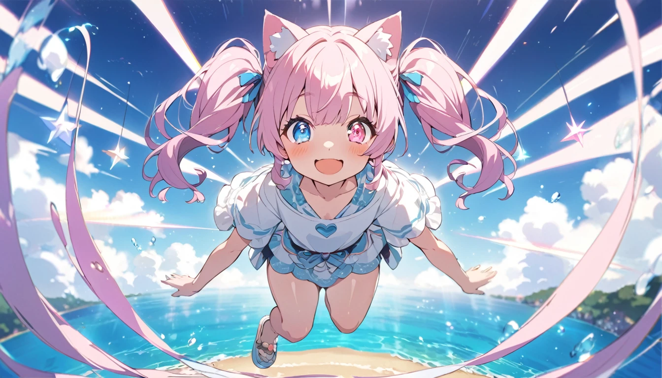 masterpiece, best quality, insanely detailed, 16K, absurdres, Full-HD,, hopeful, smile,looking away, twintail, two side up, bun hair, wave hair, medium hair,twintails, hair bun, blunt bangs, wavy hair, shiny hair, pink hair, colored inner hair, pink eyes, blue eyes, odd eyes, with heart-shaped irises, with sparkling eyes, with diamond-shaped irises, with star-shaped irises, with irises, big eyes, droopy eyes, heterochromia, wide-eyed, with heart-shaped eyes, with heart-shaped pupils, fair skin, shiny skin, detailed skin, chibi, slim, tube top, shorts, hair ribbon, sunglasses, smaller face, with cat ears, cat tail, cute face, baby face, japanese idol, 9-year-old, , kawaii, cute, full body shot, from front, front view, from above, wide view, wide shot, golden ratio, framing composition