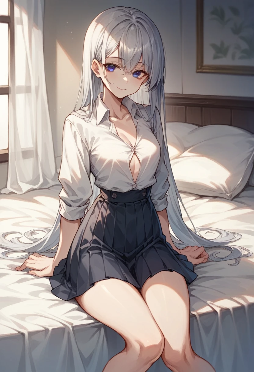 Girl sitting on bed（The girl has long silver hair　Shoulder length　She is wearing a white buttoned shirt and a black pleated skirt　Gray Eyes　White skin　tall　With bangs　Beautiful face　Thin legs　Small waist, slightly large chest　Smiling　Silver Hair　Anime Style ）