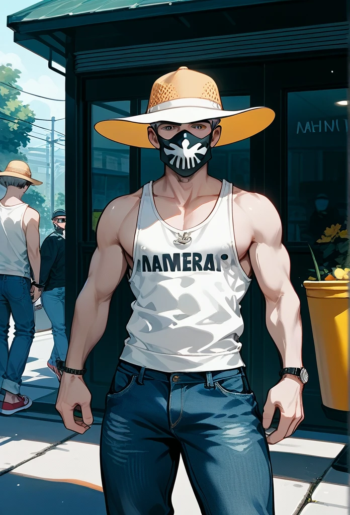masterpiece, best quality, male, (masked face, full mask, covered face), mature male, bucket hat, unseen face, gray hair, gray beard, tank top, cardigan, baggy jeans, sidewalk, front view