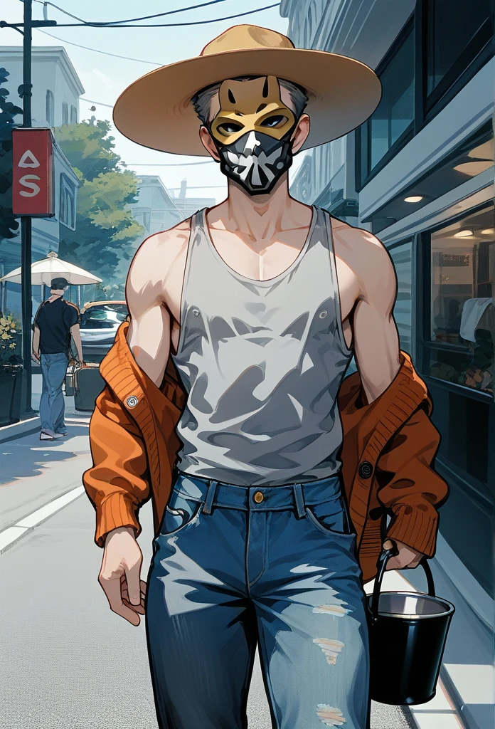 masterpiece, best quality, male, (masked face, full mask, covered face), mature male, bucket hat, unseen face, gray hair, gray beard, tank top, cardigan, baggy jeans, sidewalk, front view