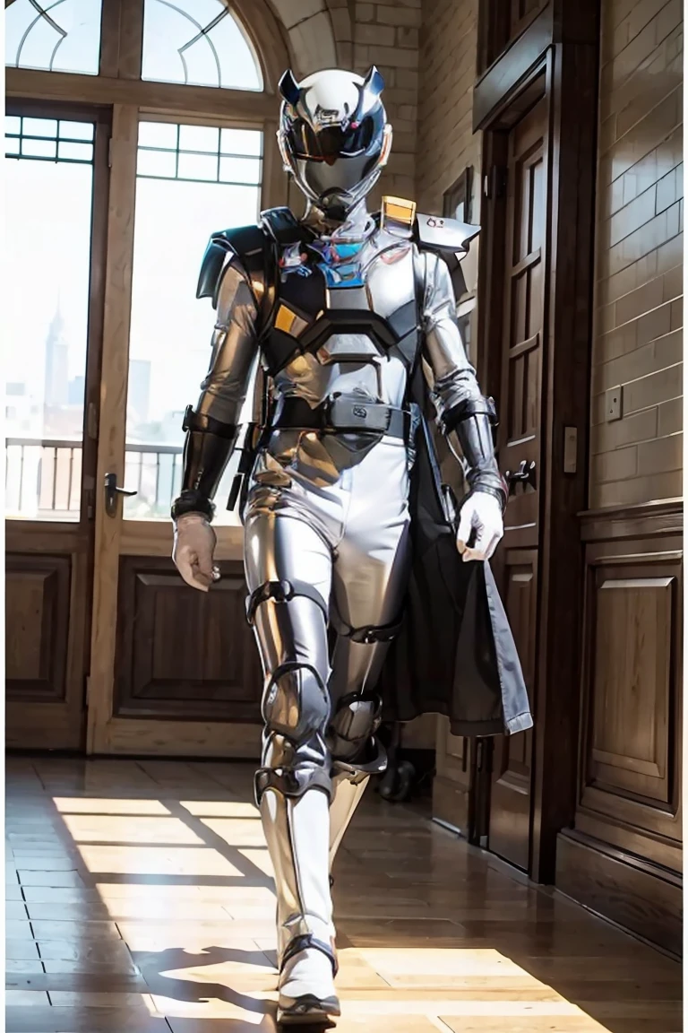 1boy, white, full body, Illustration, cinematic light, high resolution, best quality, ultra detailed, masterpiece, power suit, powerranger, suit, spd, (silver royal guard ranger suit), gold detail