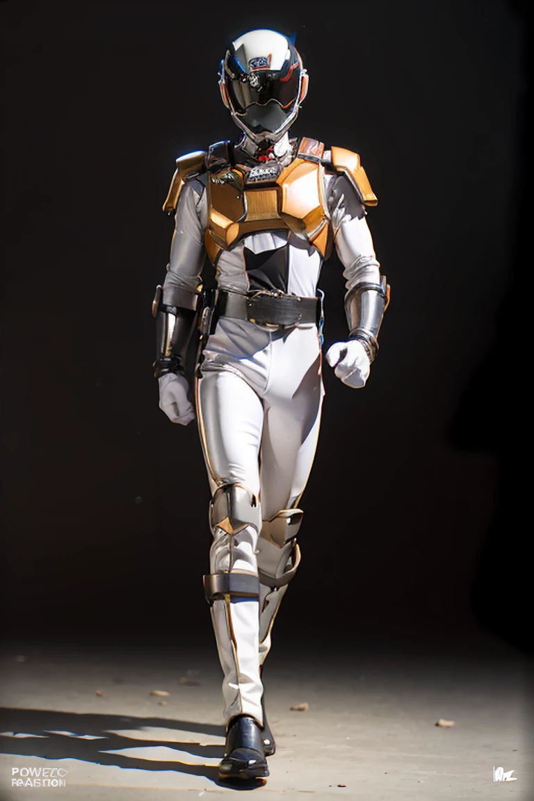 1boy, white, full body, Illustration, cinematic light, high resolution, best quality, ultra detailed, masterpiece, power suit, powerranger, suit, spd, (silver royal guard ranger suit), gold detail
