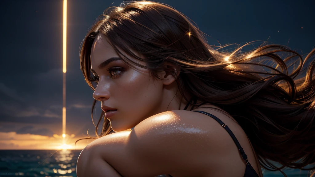 a sexy girl in a white bikini, beautiful detailed face, long wavy hair, intricate detailed body, perfect tight abs, toned legs, back view, detailed skin texture, golden hour lighting, cinematic lighting, highly detailed, photorealistic, (best quality,4k,8k,highres,masterpiece:1.2),ultra-detailed,(realistic,photorealistic,photo-realistic:1.37)