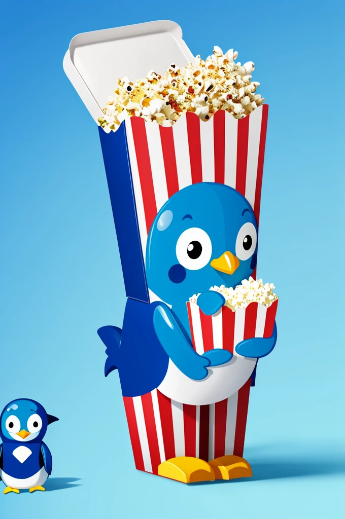 The blue penguin cartoon character holding a popcorn bucket is colorful and lively.