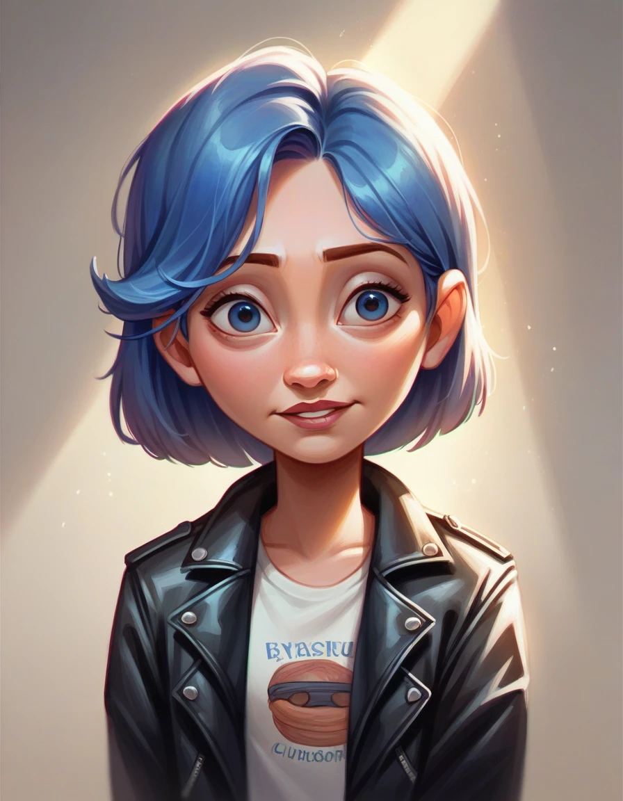 cartoon caricature with a large head size of a beautiful Indonesian girl, wearing a t-shirt, leather jacket, Disney Pixar 3D character,UHD, 16k, hard smudge, oil painting, digital art, smooth lighting, fisheye lens shot