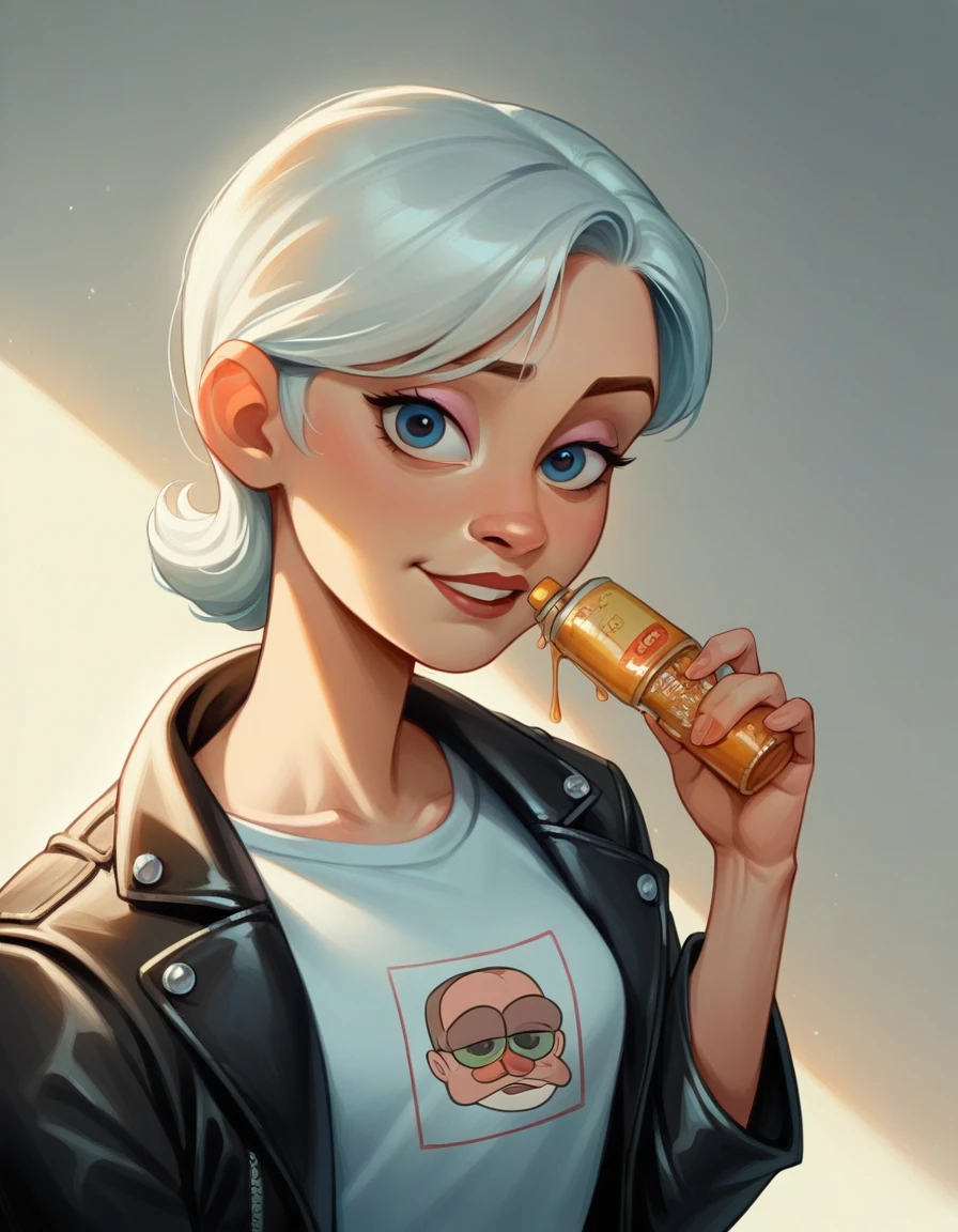 cartoon caricature with a large head size of a beautiful Indonesian girl, wearing a t-shirt, leather jacket, Disney Pixar 3D character,UHD, 16k, hard smudge, oil painting, digital art, smooth lighting, fisheye lens shot