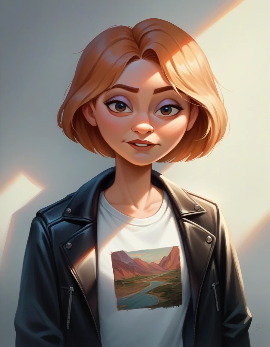 cartoon caricature with a large head size of a beautiful Indonesian girl, wearing a t-shirt, leather jacket, Disney Pixar 3D character,UHD, 16k, hard smudge, oil painting, digital art, smooth lighting, fisheye lens shot